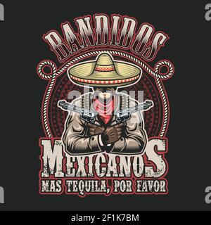 Vector illustrtion of mexican bandit print template. Man with a guns in hands in sombrero with text. Stock Vector