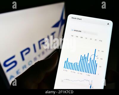 Person holding cellphone with website of US aviation company Spirit AeroSystems Inc. on screen in front of logo. Focus on center of phone display. Stock Photo