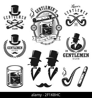 Set of vintage gentlemen emblems, labels, badges and designed elements. Monochrome style Stock Vector