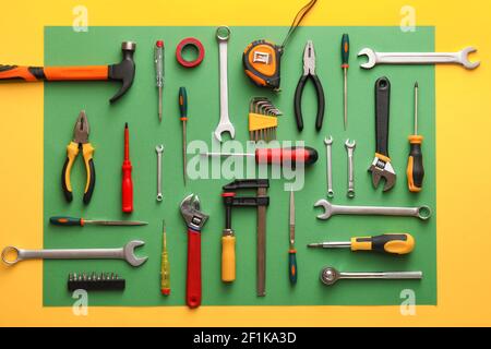 Set of construction tools on colorful background Stock Photo