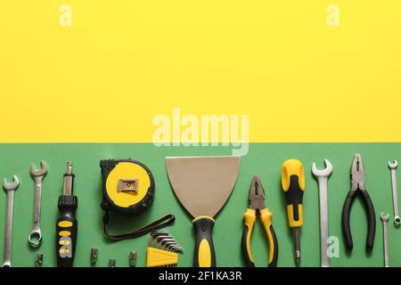 Set of construction tools on colorful background Stock Photo