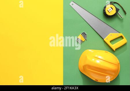 Set of construction tools on colorful background Stock Photo