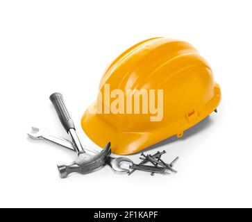 Modern construction tools on white background Stock Photo - Alamy