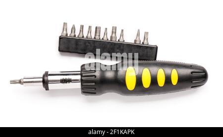 Screwdriver with bits on white background Stock Photo
