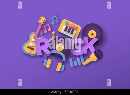Rock music style illustration with 3d paper cut musical instrument equipment icons. Creative festival, concert event concept. Includes electric guitar Stock Vector
