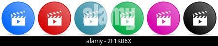 Video vector icons, set of circle gradient buttons in 6 colors options for webdesign and mobile applications Stock Vector