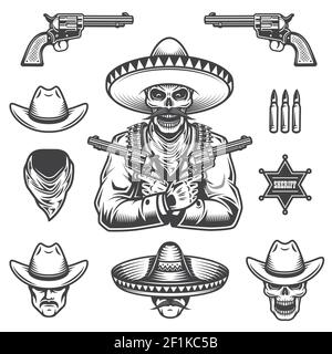 Set of sheriff and bandit elements and heads. Monochrome style Stock Vector