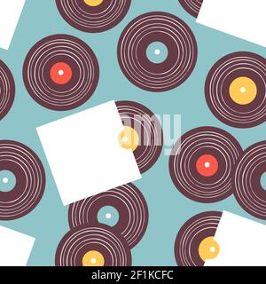 Vintage vinyl music seamless patter with retro cd album illustration. Musical concept background of nostalgic audio equipment. Stock Vector