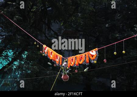 Human Pyramid trying to break dahi handi on Janmashtami, Gokulashtami Govinda Hindu Festival to celebrate Lord Krishna's birthday Stock Photo