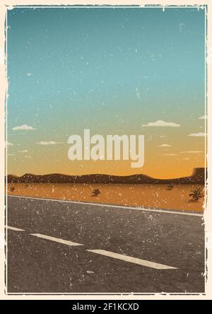 Vintage road poster template, background with asphalt road, desert, mountains and sunset. Grunge texture Stock Vector
