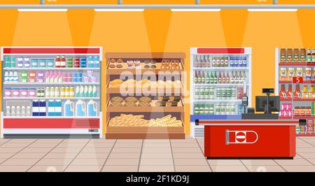 Supermarket interior. shelves with products. Stock Vector