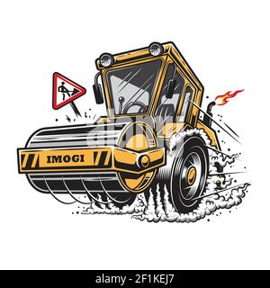 Vector illustration of steamroller with smoke under the wheels on white background Stock Vector