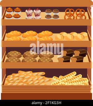 Supermarket. Bread showcase Stock Vector