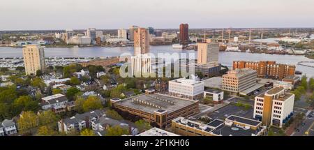 Aerial View over Portsmouth Virginia Across the Elizabeth River to Norfolk Stock Photo