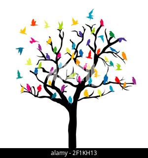 Tree with colored birds on white background Stock Vector