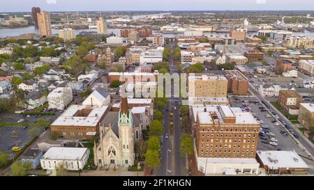 Aerial View over Portsmouth Virginia Across the Elizabeth River to Norfolk Stock Photo