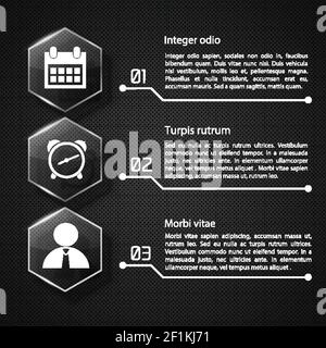 Web infographic concept with text glass hexagons white icons three options on dark netting background vector illustration Stock Vector