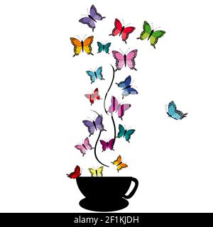 Abstract illustration wof a cup with colored butterflies Stock Vector