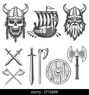 Set of monochrome viking elements isolated on white background Stock Vector
