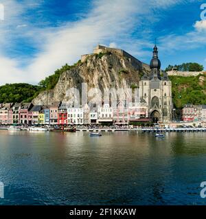 View of the small town of Dinant with Maas river and citadel and cathedral in the old town