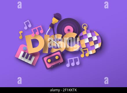 Disco music style illustration with 3d paper cut musical instrument icons. Retro 80s band concert, live event or dance party concept. Includes microph Stock Vector