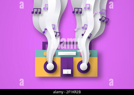 Colorful paper cut music boombox speaker, retro 90s musical equipment playing songs in modern 3d papercut craft style. Nostalgic radio player or tape Stock Vector