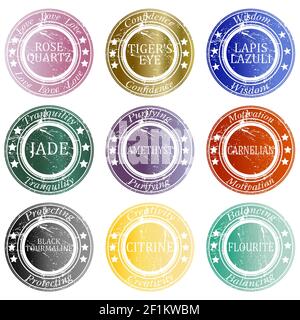 Set of nine rubber stamps with famous gems and its benefits Stock Vector