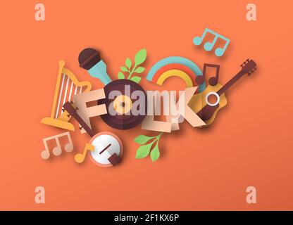 Folk music style illustration with 3d paper cut musical instrument icons. Traditional acoustic band concert or live event concept. Includes guitar, ha Stock Vector