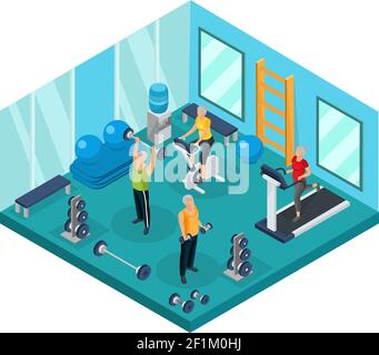 Isometric pensioners in gym concept with grandfathers lifting dumbbels barbells and grandmothers running on treadmill and exercising bike vector illus Stock Vector