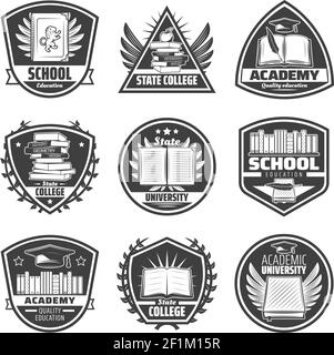 Vintage monochrome education labels set with inscriptions books diploma certificate apple feathers graduation cap isolated vector illustration Stock Vector
