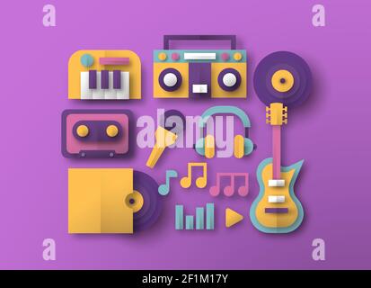 Colorful paper cut music icon collection, musical instrument and audio equipment set made in modern 3d papercut craft style. Includes retro vinyl, pia Stock Vector