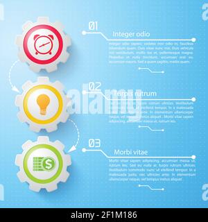 Business infographic concept with text mechanical gears colorful icons three options on light blue background vector illustration Stock Vector