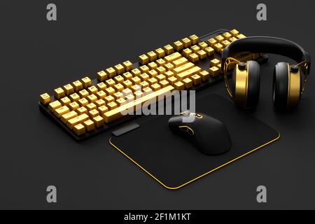 Top view of gamer workspace and gear like mouse, keyboard, joystick ...