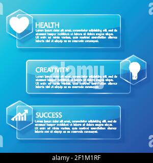 Business infographic glass horizontal banners with text hexagons and white icons on blue background isolated vector illustration Stock Vector