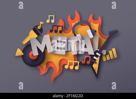 Heavy Metal music style illustration with 3d paper cut musical equipment icons. Hard rock band festival or concert event concept. Includes microphone, Stock Vector