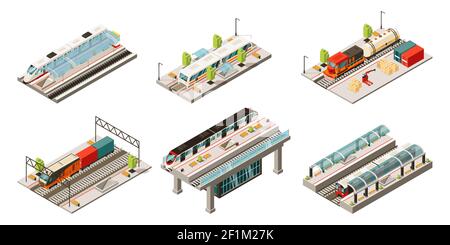 Isometric modern railway transport collection with locomotive freight and passenger trains isolated vector illustration Stock Vector