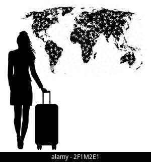 Stewardess silhouette with planes flying  above the world map Stock Vector