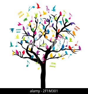 Music concept with colored birds and musical notes on a tree Stock Vector