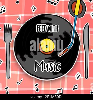 Feed with music concept of funny vinyl turntable as food plate in restaurant table. Musical equipment hand drawn cartoon. Stock Vector