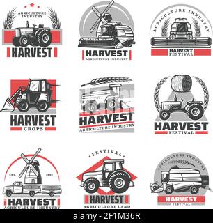 Vintage harvesting emblems set with inscriptions tractors combine ...
