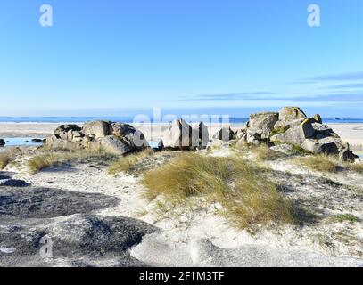 Carnota Beach or Playa de Carnota, the largest galician beach at famous Rias Baixas region. Coruña Province, Galicia, Spain. Stock Photo