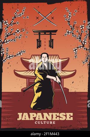 Vintage colored japanese culture poster with samurai holding sword sakura tree branches traditional gates and building vector illustration Stock Vector