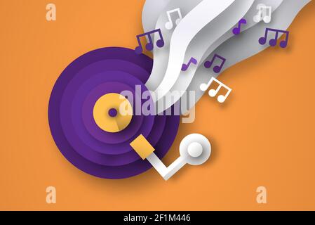 Colorful paper cut vinyl music player, retro musical turntable playing songs in modern 3d papercut craft style. Nostalgic disk player or album cd with Stock Vector