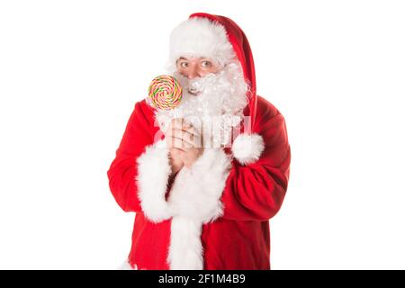 Holidays and weekends. Funny fat Santa Claus. White background. Stock Photo
