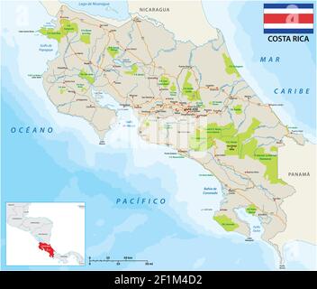 costa rica road and national park map with flag Stock Vector