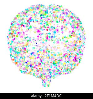 Stylized brain with dots. Ideas and thoughts, be creative. Multicolored circles. Front view of the brain organ. Human anatomy. Particles Stock Photo
