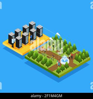 Isometric datacenter hosting servers concept with people using cloud technology on their portable devices in park isolated vector illustration Stock Vector