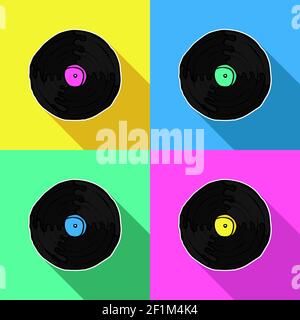 Colorful retro vinyl cd illustration in hand drawn style. Vintage music album or turntable player pop art symbol. Stock Vector