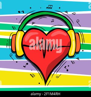 Red human heart with headphones and music notes in hand drawn cartoon style. Colorful musical love concept. Stock Vector