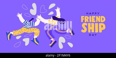 Happy friendship day web banner illustration of man and woman friends doing high five hand gesture together. Special best friend relationship celebrat Stock Vector